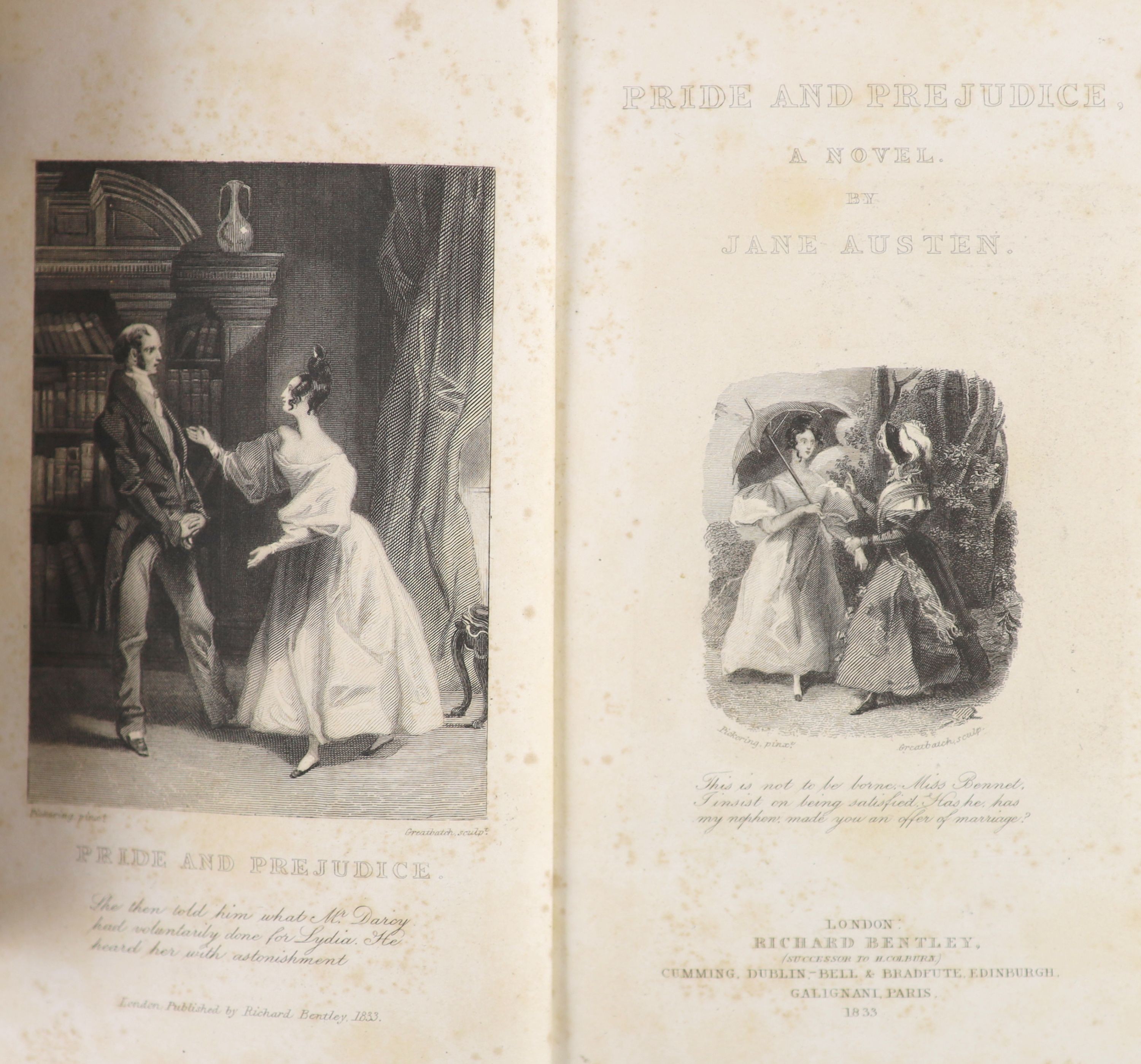 Austen, Jane - (Bentley’s standard novels). Sense and Sensibility, A Novel; Pride and Prejudice. A Novel; Emma. A Novel… 3 vols. Complete with both printed and illustrated titles to each and engraved frontispiece by Ferd